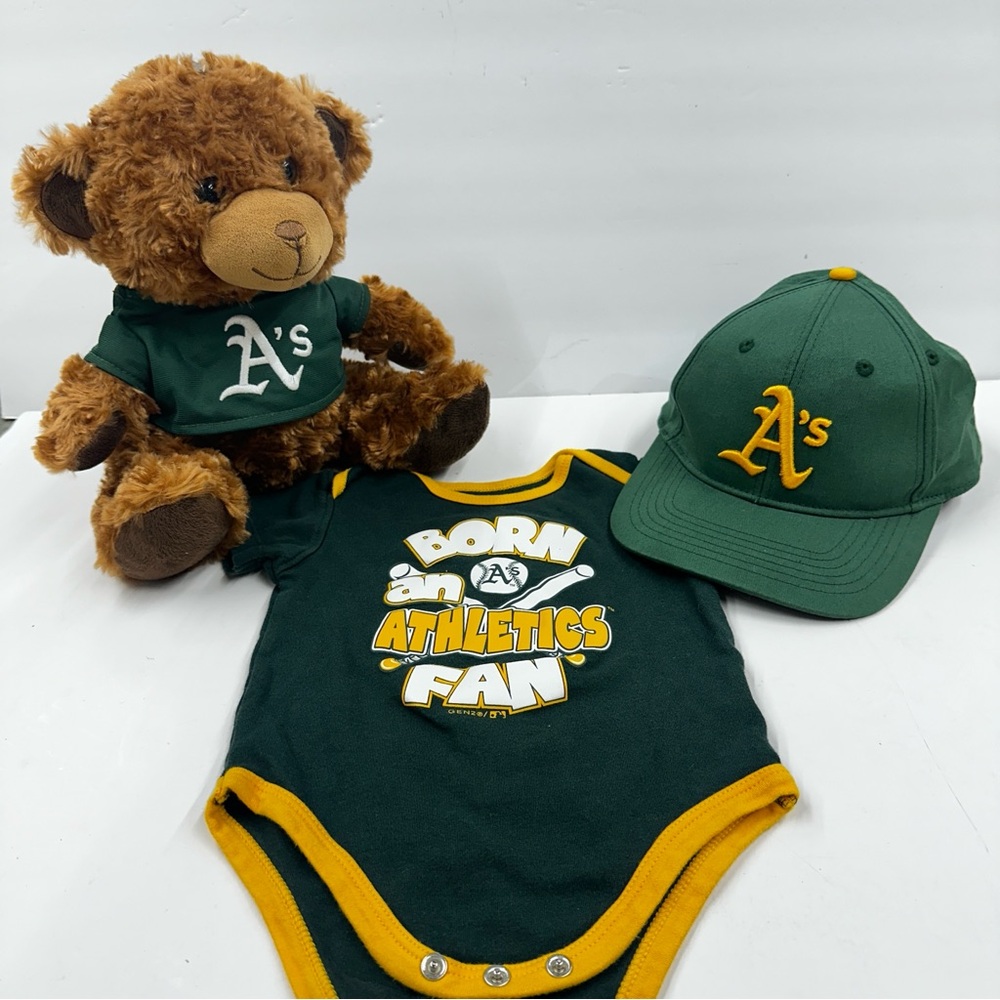 BUNDLE Oakland Athletics A’s Baseball Fan Hat Onsie Forever Collectibles Bear